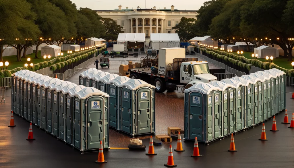 Festival porta potty bank with barricades in Eastvale, California