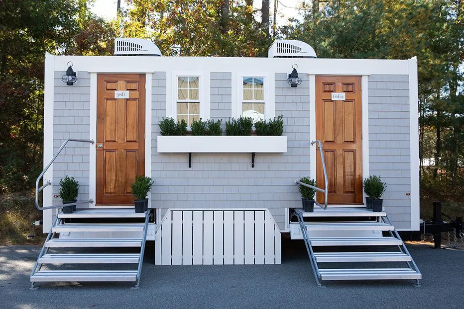 Wedding restroom units discretely staged at a venue in Eastvale, California